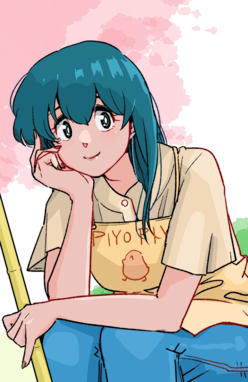 1girl apron blue_eyes blue_hair broom chick_print denim dress highres jeans maison_ikkoku otonashi_kyouko pants poppowerhearts print_apron solo