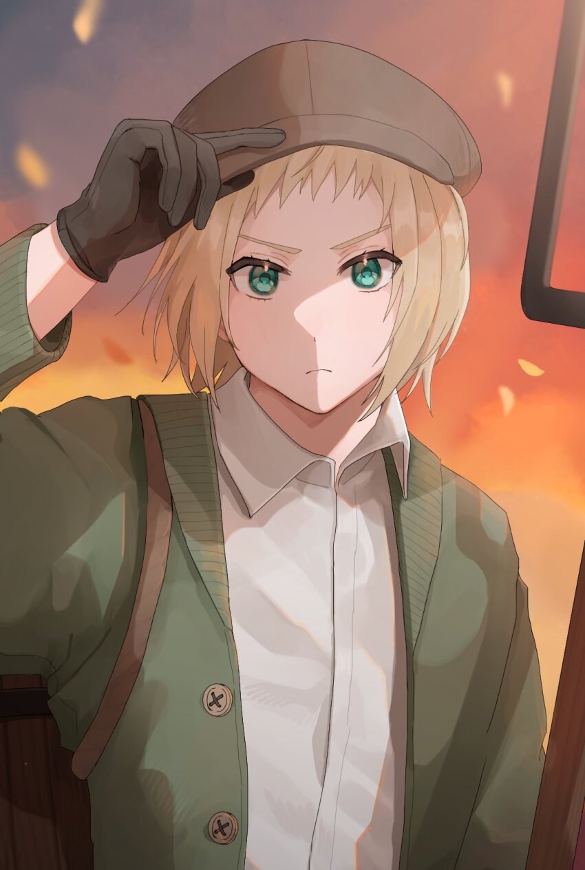 1boy aqua_eyes axis_powers_hetalia backpack bag black_gloves blonde_hair brown_hat buttons closed_mouth collared_shirt commentary_request evening gloves gradient_sky green_jacket grey_sky hand_on_headwear hand_up hat highres himoon666 holding holding_pitchfork jacket long_sleeves male_focus open_clothes open_jacket orange_sky outdoors pitchfork shirt short_hair sky solo switzerland_(hetalia) upper_body v-shaped_eyebrows visor_cap white_shirt