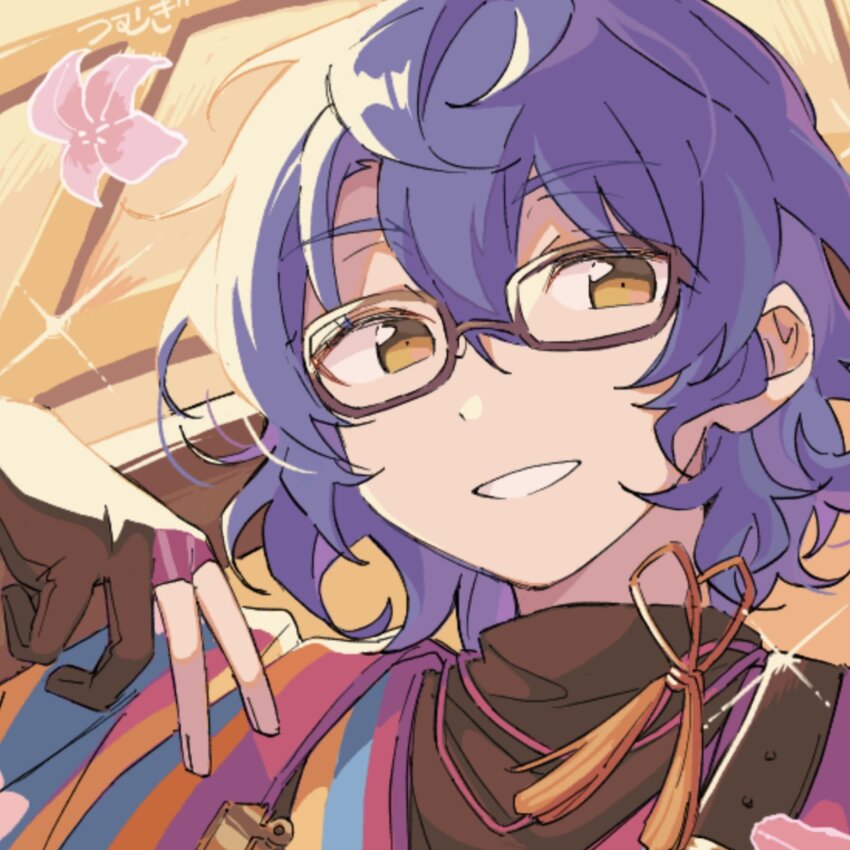 1boy aliasing aoba_tsumugi bent_v black_gloves blue_hair brown-framed_eyewear diffraction_spikes ensemble_stars! falling_flower flower gloves grin hair_between_eyes hand_up highres light_smile looking_to_the_side male_focus multicolored_gloves niyororinpayamaru partially_fingerless_gloves pink_flower portrait purple_gloves sideways_glance sketch smile solo split_mouth striped_clothes striped_gloves turtleneck v yellow_eyes