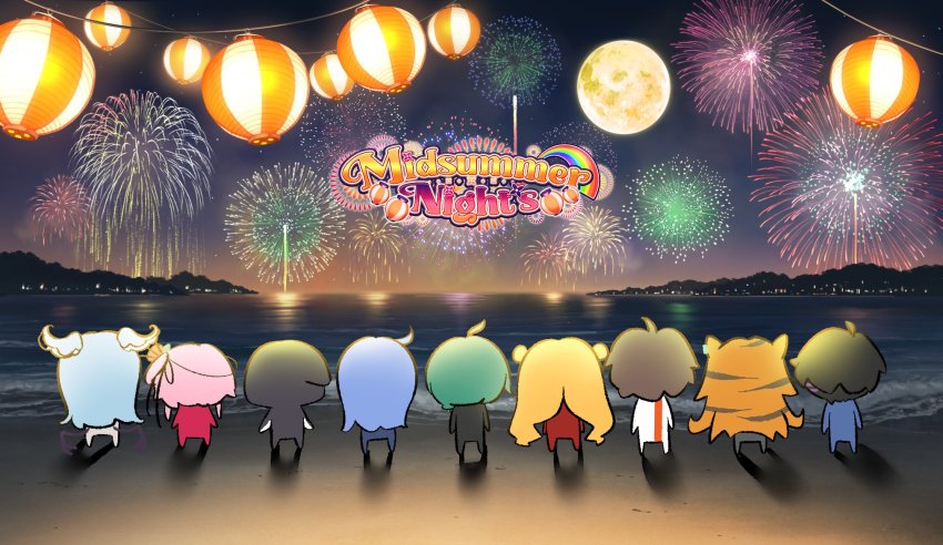 1other 2boys 6+girls animal_ears animal_print black_hair blonde_pubic_hair blue_hair chibi cowlick double_bun elira_pendora fireworks from_behind green_hair hair_bun head_wings highres long_hair min_suha multiple_boys multiple_girls nara_haramaung night night_sky nijisanji nijisanji_en nijisanji_id nijisanji_kr nishizono_chigusa orange_hair petra_gurin pink_hair reza_avanluna rosemi_lovelock ryuushen seffyna seffyna_(artist) short_hair sky tiger_ears tiger_girl tiger_print virtual_youtuber water wings