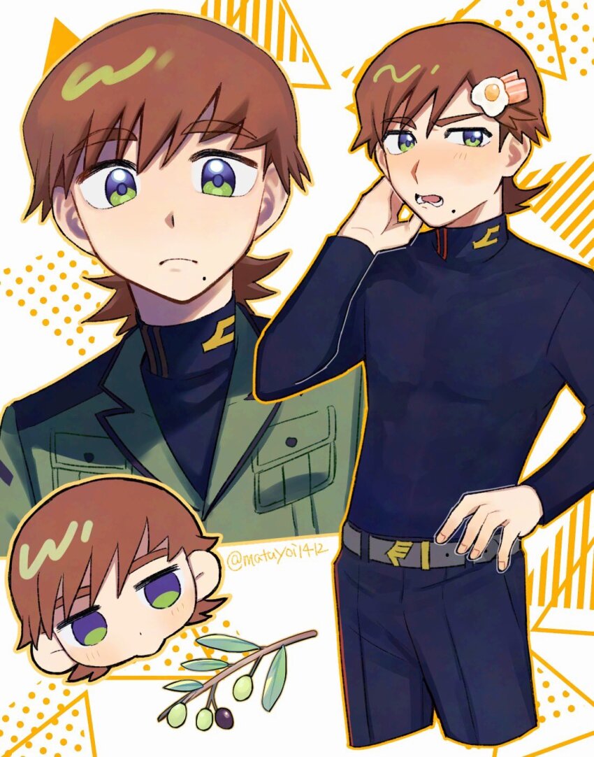 1boy belt blush branch brown_hair chibi chibi_inset egg_hair_ornament food-themed_hair_ornament green_eyes gundam gundam_gquuuuuux hair_ornament highres jacket kujira_(matuyoi1412) male_focus military_jacket military_uniform mole mole_under_mouth multicolored_eyes multiple_views open_mouth purple_eyes shirt solo_focus turtleneck two-tone_eyes xavier_olivette