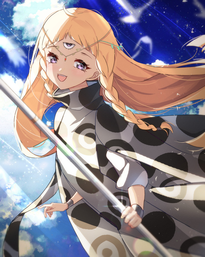 1girl absurdres blonde_hair blue_sky blush braid cloud commentary_request dark-skinned_female dark_skin eupha_(metaphor:_refantazio) floating_hair highres holding holding_staff long_hair looking_at_viewer metaphor:_refantazio open_mouth poncho purple_eyes sky smile solo staff sunlight teeth third_eye twin_braids upper_teeth_only zer00han