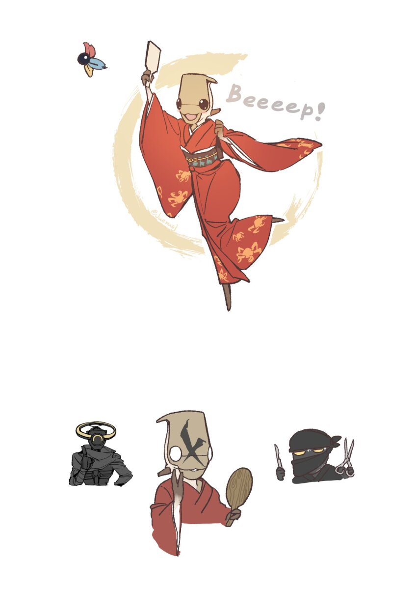 3boys arthropod_boy beep_(kenshi) blank_eyes blush cropped_torso english_text facepaint hagoita hane_(hanetsuki) hanetsuki highres holding holding_scissors japanese_clothes juerucj kenshi kimono multiple_boys obi paddle red_kimono sash scissors thumbs_up white_background wide_sleeves