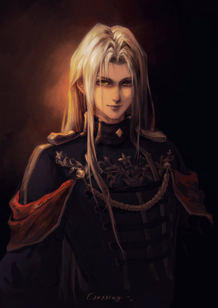 1boy aiguillette artist_name chiaroscuro chinese_commentary commentary_request crossing1315174 final_fantasy final_fantasy_vii final_fantasy_vii_ever_crisis floral_print grey_hair hair_intakes highres jacket light_smile long_bangs long_hair looking_at_viewer male_focus military_jacket parted_bangs sephiroth sephiroth_(shinra_formal_uniform) shoulder_boards solo upper_body