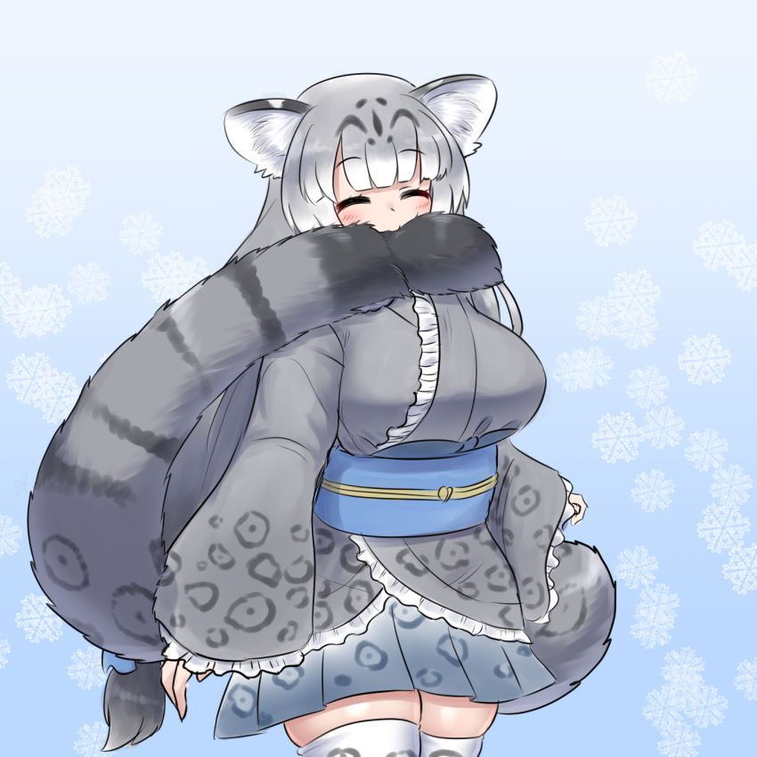 1girl animal_ear_fluff animal_ears animal_print arms_at_sides biting_own_tail black_hair blush closed_eyes cowboy_shot frilled_sleeves frills grey_hair highres japanese_clothes kemono_friends kimono long_hair long_sleeves long_tail miniskirt mo23 mouth_hold multicolored_hair pleated_skirt print_kimono print_skirt print_thighhighs skirt sleeves_past_wrists snow_leopard_(kemono_friends) snow_leopard_ears snow_leopard_girl snow_leopard_tail solo tail thighhighs very_long_hair white_hair wide_sleeves zettai_ryouiki