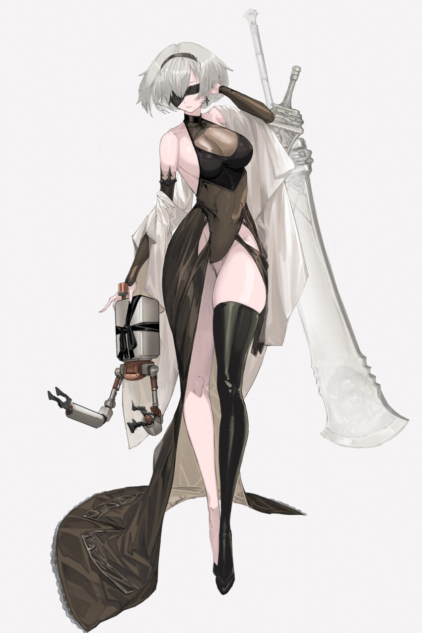 1girl 2b_(nier:automata) adjusting_hair bamuth black_dress black_hair black_hairband blindfold breasts dress full_body hairband high_heels highres leotard nier:automata nier_(series) pod_(nier:automata) short_hair sideboob single_thighhigh solo sword thighhighs weapon