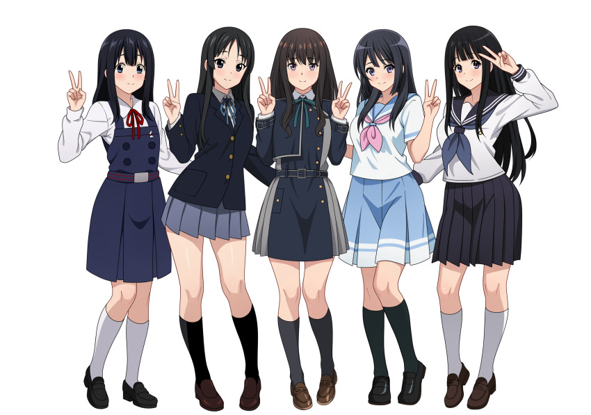 5girls akiyama_mio black_hair blue_eyes chitanda_eru color_connection commission crossover double_v full_body grey_eyes hair_color_connection hands_up hibike!_euphonium highres hyouka inoue_takina k-on! kitashirakawa_tamako kousaka_reina long_hair looking_at_viewer lycoris_recoil lycoris_uniform miniskirt multiple_girls neck_ribbon neckerchief pleated_skirt purple_eyes ribbon sailor_collar school_uniform serafuku simple_background skirt standing straight_hair tamako_market v vodka13 white_background