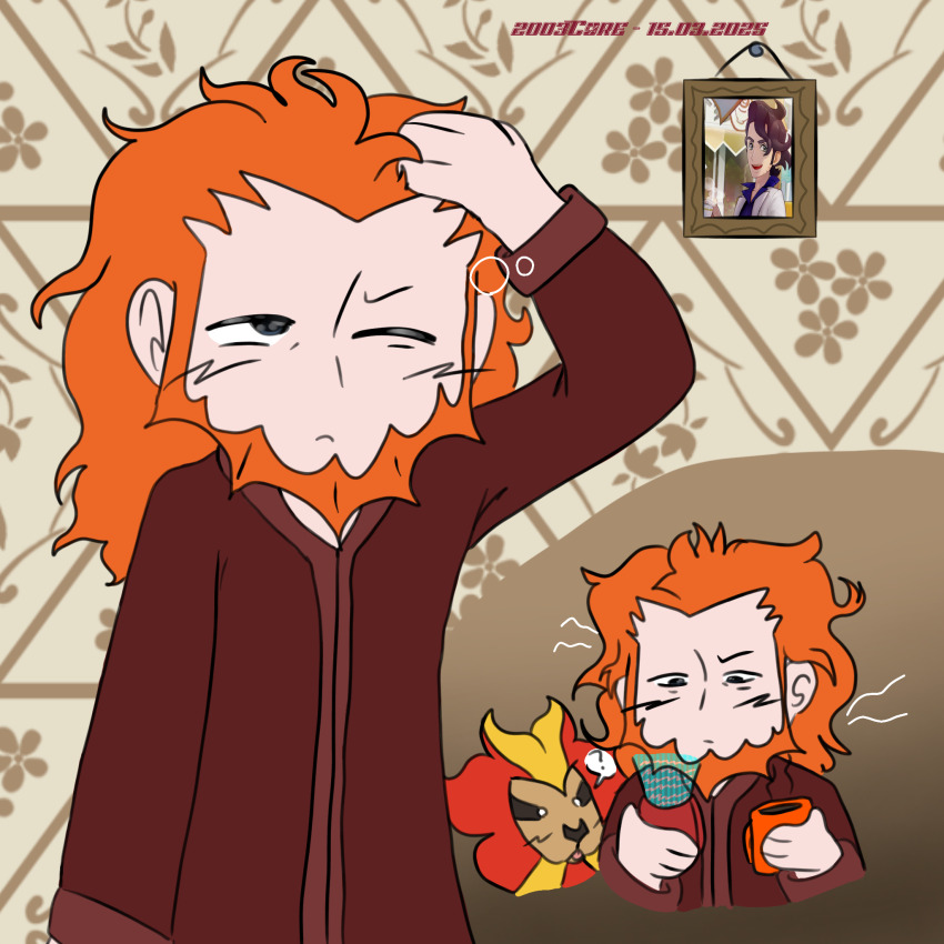 1boy 2003core artist_name dated gen_6_pokemon highres lysandre_(pokemon) male_focus messy_hair nightgown nintendo pokemon pokemon_(creature) pokemon_xy pyroar pyroar_(male) robe self-upload sleepwear sleepy squeans waking_up