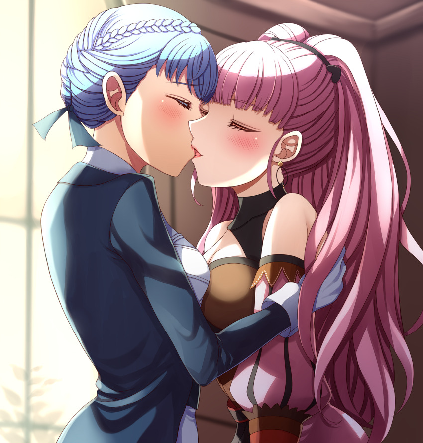 2girls asymmetrical_docking blue_hair blush braid breast_press breasts breasts_squeezed_together butler cleavage closed_eyes commission earrings fire_emblem fire_emblem:_three_houses formal_clothes gloves hair_tie highres hilda_valentine_goneril hilda_valentine_goneril_(timeskip) hoop_earrings jewelry kiss large_breasts long_hair marianne_von_edmund marianne_von_edmund_(timeskip) medium_breasts multiple_girls nintendo open_mouth pink_hair ponytail short_hair sidelocks skeb_commission suit white_gloves yozu_(yozu0420) yuri