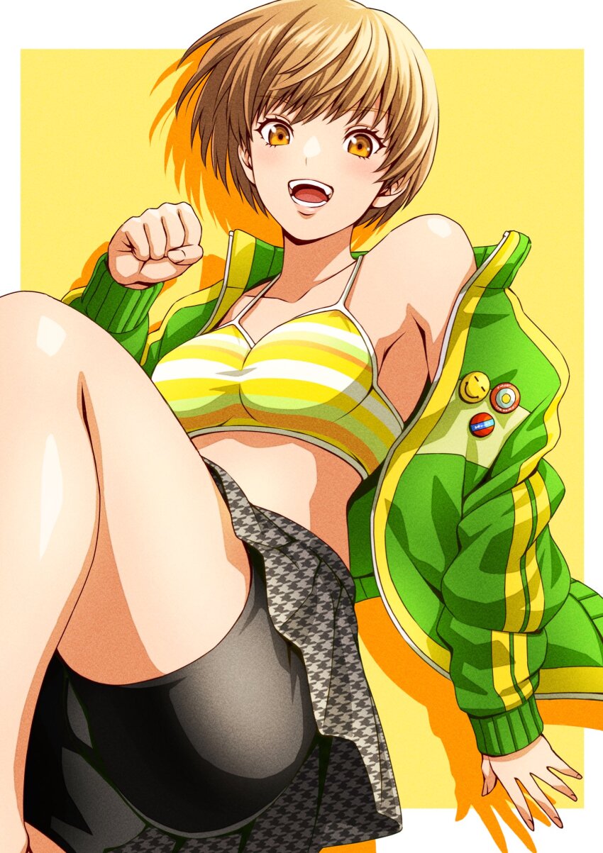 1girl bikini black_shorts black_skirt breasts brown_eyes brown_hair character_badge drop_shadow feet_out_of_frame green_jacket highres houndstooth jacket looking_at_viewer masatoshi_1219 medium_breasts open_clothes open_jacket open_mouth persona persona_4 satonaka_chie short_hair short_shorts shorts simple_background skirt smile solo striped_bikini striped_clothes swept_bangs swimsuit teeth thighs track_jacket upper_teeth_only yellow_background
