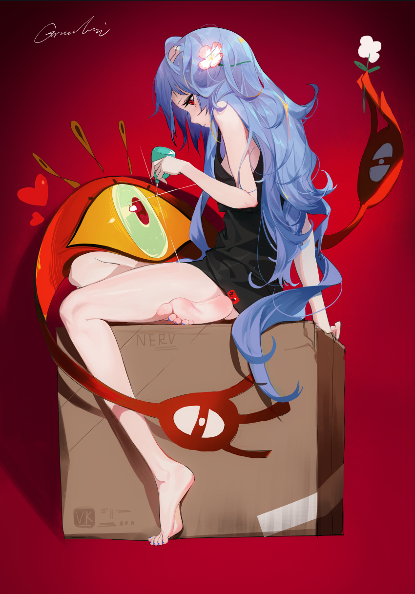 1girl absurdres ayanami_rei bare_arms bare_legs barefoot black_shirt blue_hair blue_nails bottle box feet from_side full_body grandia_lee highres holding holding_bottle legs long_hair looking_down nail_polish neon_genesis_evangelion on_box profile red_eyes shirt signature simple_background sitting sitting_on_box sleeveless sleeveless_shirt solo toenail_polish toenails toes very_long_hair
