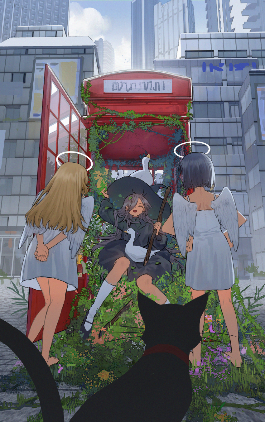 3girls angel angel_wings animal animal_on_head animal_on_lap arms_behind_back bare_arms bare_shoulders barefoot bird bird_on_head bird_on_lap black_cat black_dress black_footwear black_hair black_headwear blonde_hair building cat chinese_commentary city closed_eyes cloud commentary_request day dress feathered_wings from_behind goose grass grey_hair halo hands_on_own_hips hat highres holding holding_stick kimonogo kneehighs long_hair mary_janes messy_hair multiple_girls on_head on_lap one_eye_covered open_mouth original outdoors overgrown own_hands_clasped own_hands_together phone_booth plant shoes short_hair sitting sleeveless sleeveless_dress socks spaghetti_strap standing stick sundress vines white_dress white_socks wings witch witch_hat