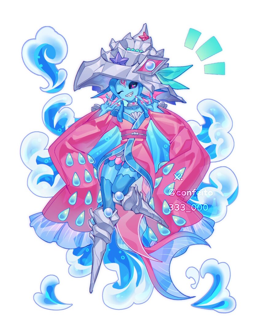 1girl ariemon black_sclera blue_hair blue_skin collarbone colored_sclera colored_skin confeito000_333 digimon digimon_(creature) forehead_jewel full_body hat highres japanese_clothes kimono nail_polish one_eye_closed pink_eyes pink_kimono sharp_teeth simple_background solo teeth white_background