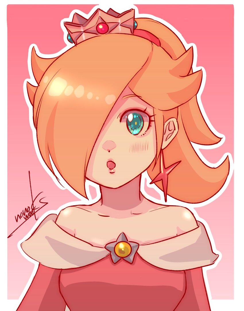 1girl bare_shoulders blonde_hair blue_eyes blush brooch crown dress earrings fire_rosalina hair_over_one_eye highres jewelry looking_at_viewer mario_(series) nintendo nonoworks off-shoulder_dress off_shoulder open_mouth outline ponytail red_background red_dress rosalina signature solo star_(symbol) star_earrings super_mario_3d_world upper_body white_outline