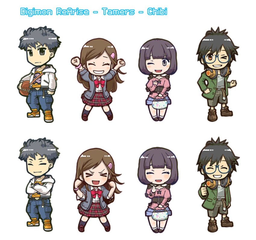 chibi closed_eyes digimon digimon_rearise glasses highres hiiragi_takumi kohinata_mayu looking_at_viewer official_art one_eye_closed shinjo_michi short_hair tamada_keito teeth wink