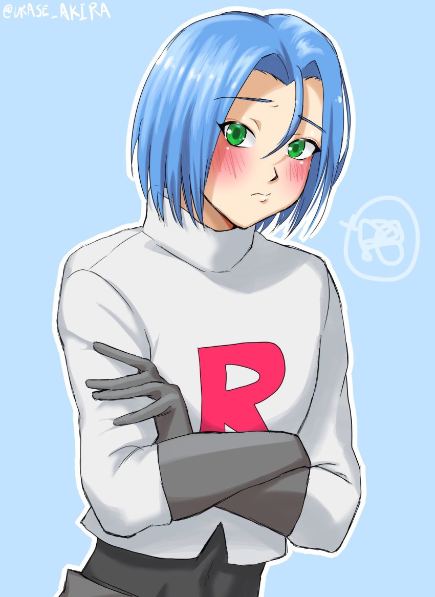 1boy blue_background blue_hair blush crossed_arms game_freak green_eyes highres james_(pokemon) looking_at_viewer male_focus nintendo pokemon pokemon_(anime) rocket shy team urase_akira