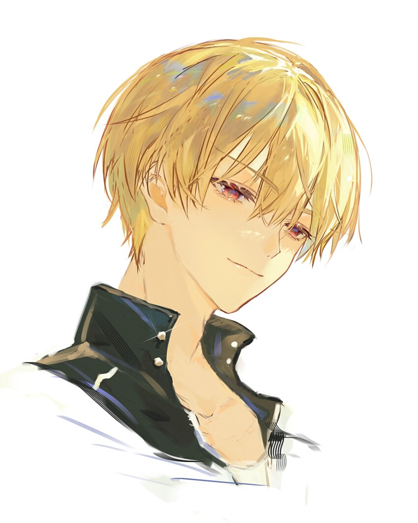 1boy blonde_hair closed_mouth commentary cropped_head fate/stay_night fate_(series) gilgamesh_(fate) gilgamesh_(immoral_biker_jacket)_(fate) hair_between_eyes high_collar highres male_focus nigiri portrait red_eyes short_hair simple_background solo white_background