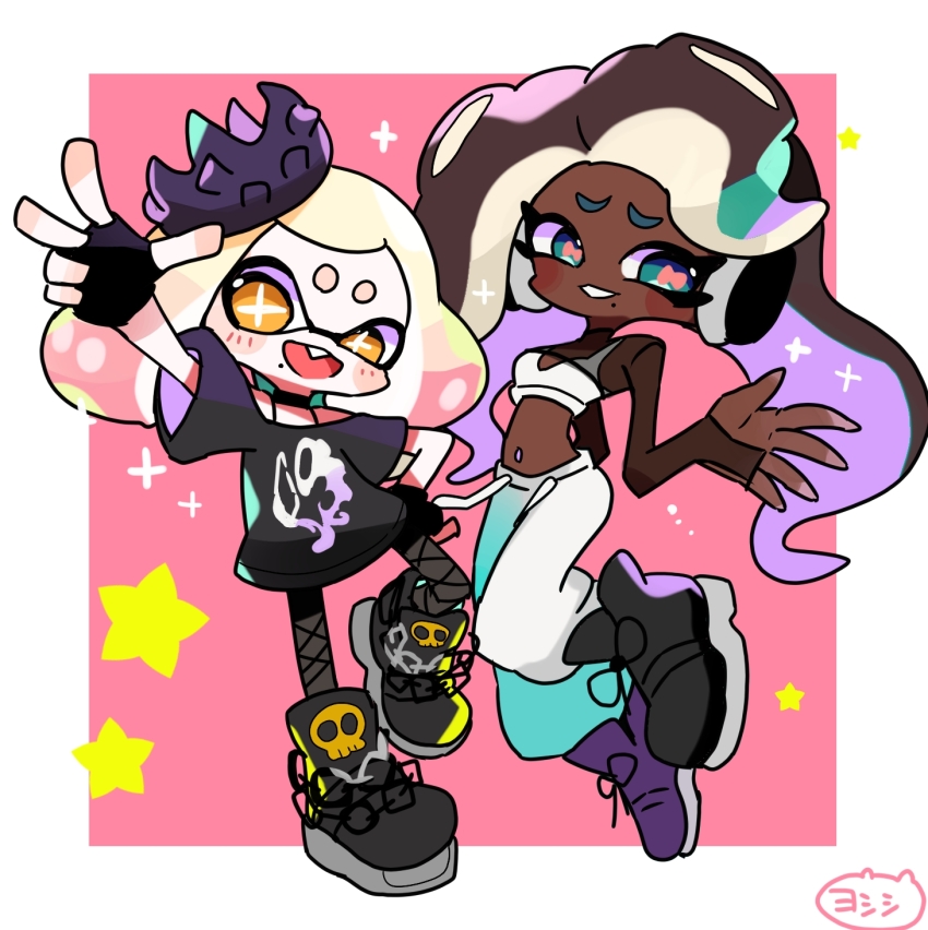 2girls black_choker black_gloves black_hair black_shirt border bright_pupils cephalopod_eyes choker commentary crown dark-skinned_female dark_skin eyelashes fingerless_gloves fishnet_pantyhose fishnets furrowed_brow gloves gradient_hair green_hair highres inkling long_hair marina_(splatoon) marina_(springfest)_(splatoon) medium_hair mole mole_under_mouth multicolored_hair multiple_girls navel_piercing nintendo octoling official_alternate_costume open_mouth outside_border pants pantyhose pearl_(splatoon) pearl_(springfest)_(splatoon) piercing pink_background pink_hair print_shirt red_pupils shirt simple_background smile sparkle splatoon_(series) splatoon_3 star-shaped_pupils star_(symbol) symbol-only_commentary symbol-shaped_pupils teeth tentacle_hair two-tone_hair white_border white_eyes white_pants white_pupils yoshishi_(yosisitoho)