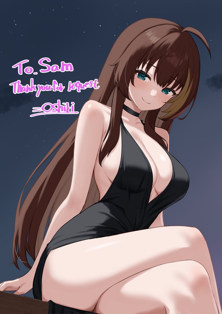 1girl absurdres ahoge aqua_eyes bare_arms bare_shoulders black_choker black_dress breasts brown_hair center_opening choker cleavage commission crossed_legs dress evening_gown highres indie_virtual_youtuber large_breasts long_hair looking_at_viewer night night_sky no_bra ponytail revealing_clothes sam_(vtuber) second-party_source skeb_commission sky smile solo thighs virtual_youtuber xi_oshir1