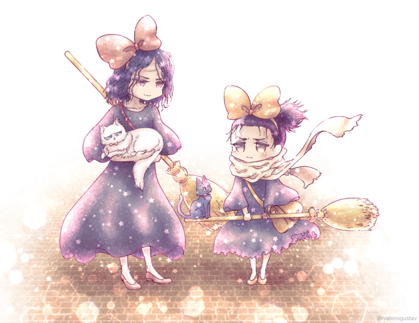 1boy animal black_cat black_hair bow brick cat character_request cosplay hair_bow holding holding_animal holding_cat kiki_(majo_no_takkyuubin) kiki_(majo_no_takkyuubin)_(cosplay) majo_no_takkyuubin medium_hair nishinogustav outdoors purple_eyes red_bow scarf sekiro sekiro:_shadows_die_twice standing white_cat white_scarf yellow_bow