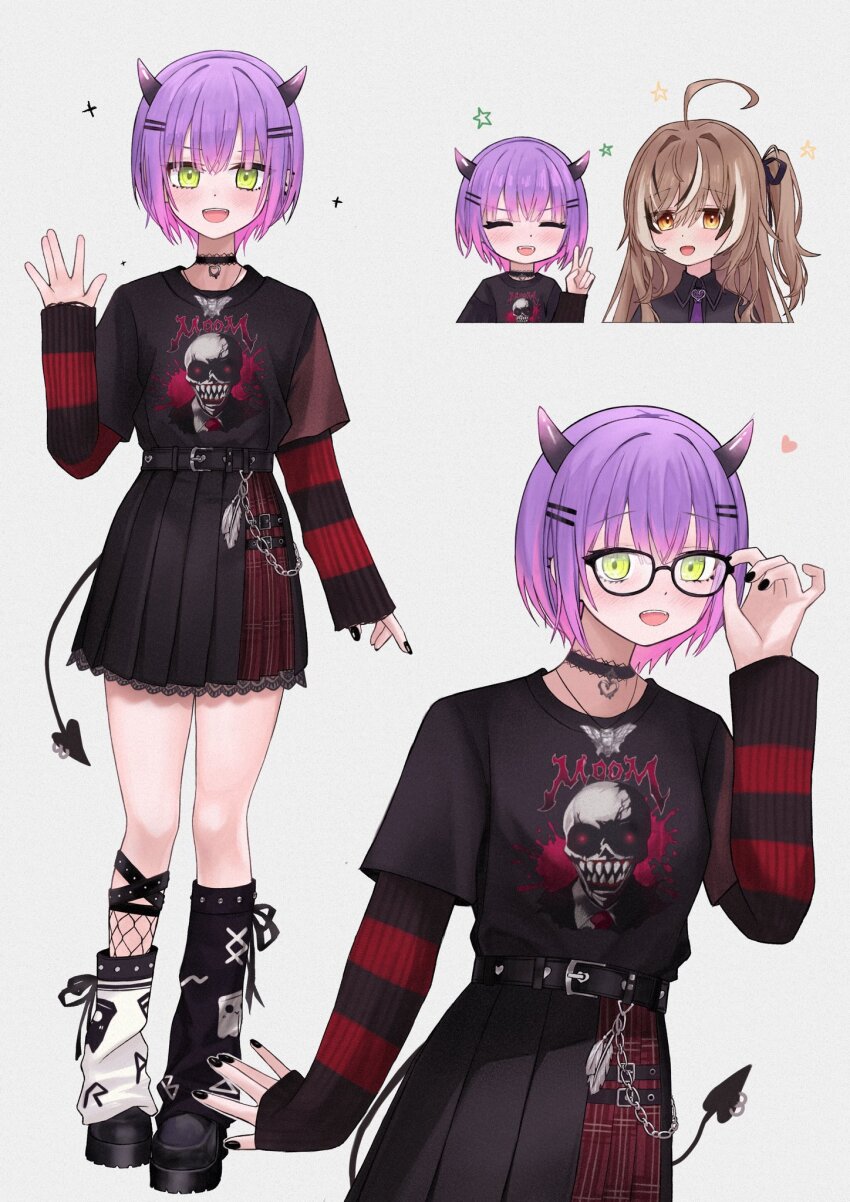 2girls \||/ adjusting_eyewear belt black_belt black_choker black_nails black_shirt black_skirt brown_hair choker commentary demon_tail english_commentary glasses hand_up heart heart_choker highres hololive hololive_english horns long_sleeves multiple_girls multiple_views nail_polish nanashi_mumei pleated_skirt purple_hair salute shirt short_hair simple_background skirt sweater_under_shirt t-shirt tail tokoyami_towa unmeidesu v virtual_youtuber white_background