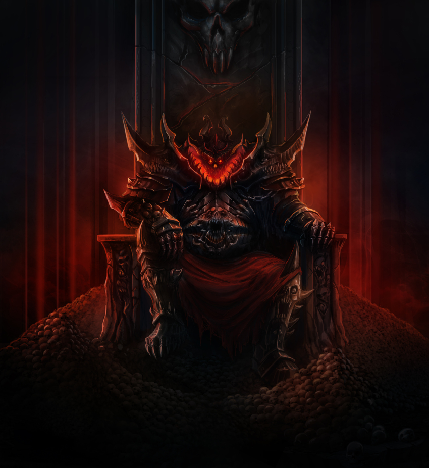 1boy absurdres armor armored_boots baklaher black_armor boots breastplate chaos_(warhammer) collar demon full_armor gauntlets gloves glowing glowing_eyes greaves headpiece hell heresy highres horns khorne looking_at_viewer multiple_horns ornate_armor pauldrons pile_of_skulls red_eyes red_skirt sharp_teeth shoulder_armor skirt skull solo spiked_armor spiked_boots spiked_collar spiked_gauntlets spiked_pauldrons spikes teeth vambraces warhammer_40k