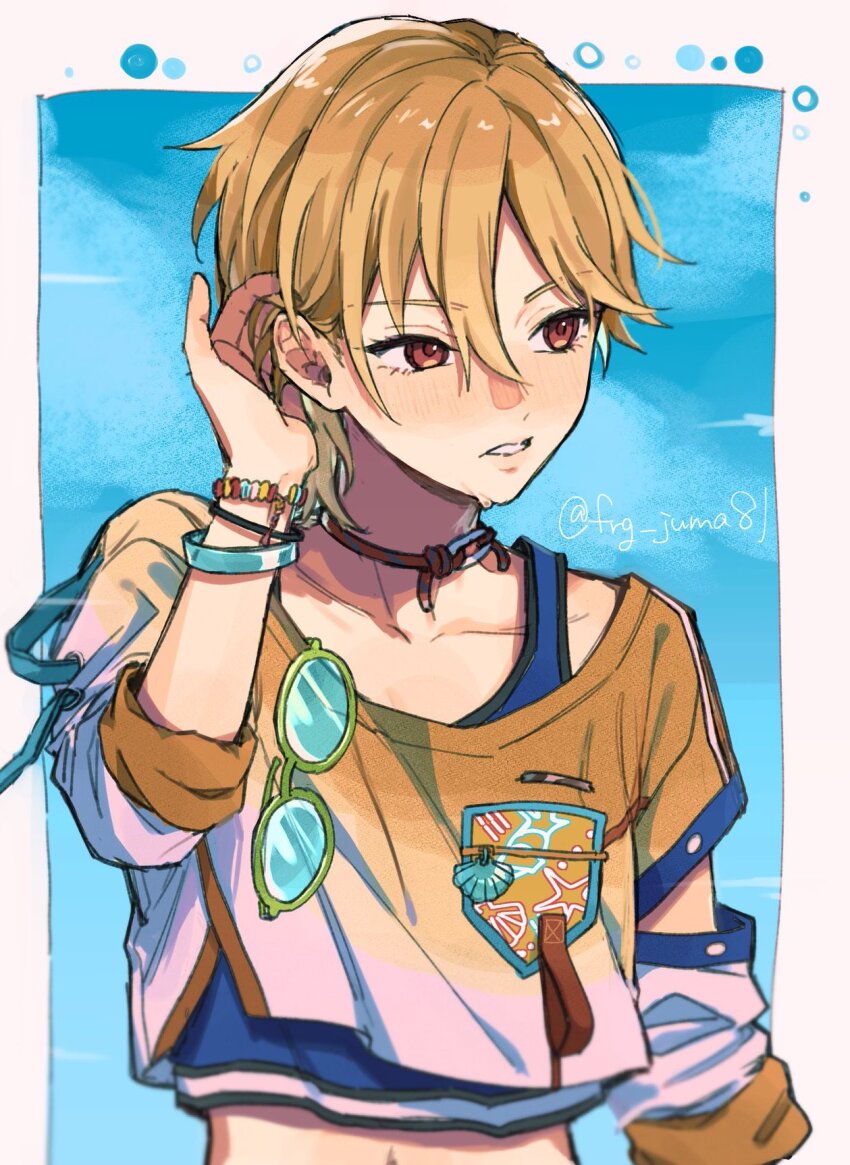 1boy adjusting_hair blonde_hair bracelet brown_eyes commentary ensemble_stars! glasses hair_between_eyes hand_up highres jewelry juma_(wolf81gizinka) long_sleeves male_focus midriff nito_nazuna parted_lips shell short_hair three-quarter_sleeves solo star_(symbol) star_print twitter_username