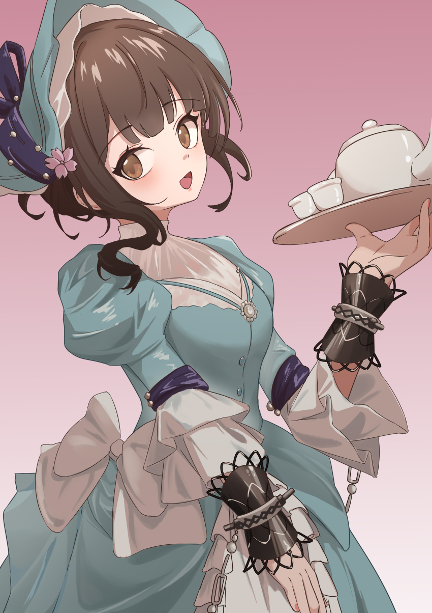 1girl :d absurdres blue_dress blue_hat blunt_bangs bonnet bow breasts brown_eyes brown_hair chain cherry_blossoms chi_jiecao_de_tianshi cuffs cup dress dress_bow flower from_side gown gradient_background hair_flower hair_ornament hand_up hat highres holding holding_tray juliet_sleeves long_sleeves looking_at_viewer medium_breasts official_alternate_costume open_mouth pink_background pink_flower puffy_sleeves reverse:1999 satsuki_(reverse:1999) short_hair smile solo teacup teapot tray upper_body white_bow