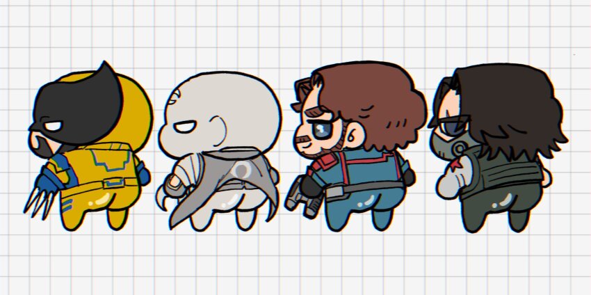 84_maaaaa ass beard bodysuit brown_hair bucky_barnes cape captain_america_(series) chibi crescent facial_hair guardians_of_the_galaxy highres looking_at_another looking_at_viewer male_focus marvel marvel_cinematic_universe marvel_rivals mask mechanical_arms moon moon_knight mr._knight multiple_boys muscular muscular_male peter_quill prosthesis prosthetic_arm short_hair simple_background single_mechanical_arm star-lord superhero_costume white_cape winter_soldier wolverine_(x-men) x-men
