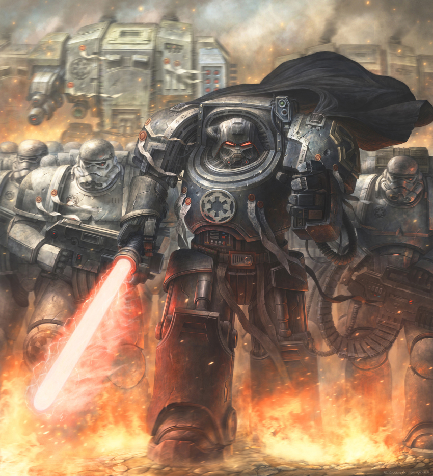 6+boys adeptus_astartes ammunition_belt ammunition_chute armor at-st bolter cape crossover darth_vader deviantartconcubot dreadnought_(warhammer_40k) empire energy_sword galactic_empire_(star_wars) gauntlets gun highres lightsaber male_focus multiple_boys power_armor star_wars stormtrooper sword warhammer warhammer_40k weapon