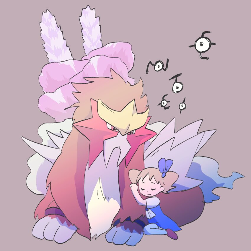 1girl 1other :&gt; artist_request blue_dress bow brown_hair closed_eyes dress entei gen_2_pokemon hair_bow highres hug legendary_pokemon looking_at_another molly_hale nintendo pokemon pokemon_(anime) pokemon_(classic_anime) pokemon_3:_the_movie_-_spell_of_the_unown:_entei red_eyes sad sitting size_difference unown unown_e unown_i unown_n unown_t