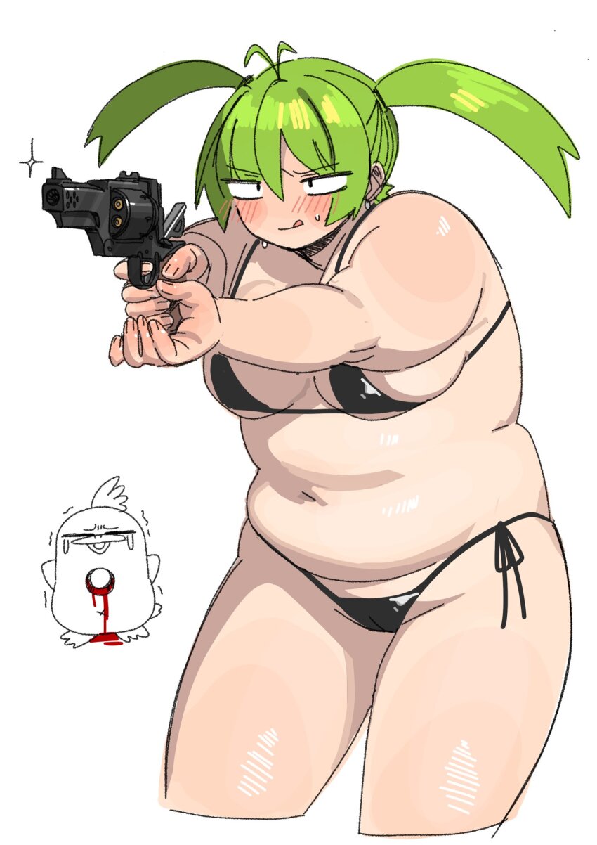 1girl bikini blood blush breasts fat fat_woman green_hair gun handgun highres long_hair medium_breasts micro_bikini navel original plump revolver sanpaku side-tie_bikini_bottom simple_background swimsuit thick_arms tongue tongue_out twintails utoka weapon white_background
