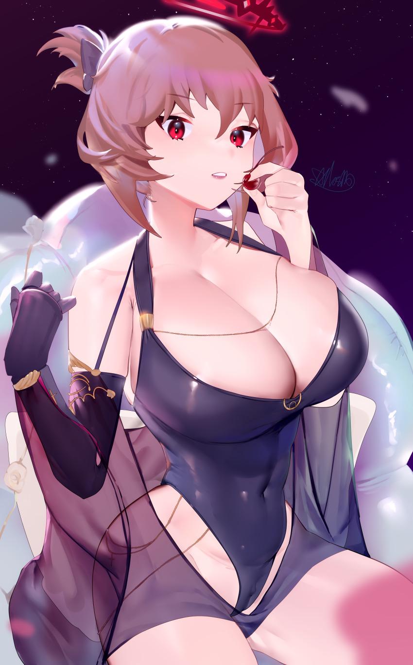 1girl absurdres aiushi_(lovecowjp) azur_lane black_one-piece_swimsuit breasts brown_hair cherry cleavage covered_navel duca_degli_abruzzi_(azur_lane) duca_degli_abruzzi_(lustrous_onyx_sirenetta)_(azur_lane) food fruit halo hands_up highres large_breasts looking_at_viewer mechanical_arms official_alternate_costume one-piece_swimsuit red_eyes short_hair single_mechanical_arm skindentation solo swimsuit