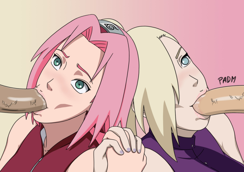 2boys 2girls bare_shoulders blonde_hair dark-skinned_male dark_skin eyebrows eyelashes fellatio forehead forehead_protector green_eyes hair_over_one_eye haruno_sakura holding_hands konohagakure_symbol lips multiple_boys multiple_girls nail_polish naruto naruto_(series) naruto_shippuuden oral padm penis pink_hair short_hair studio_pierrot text_focus uncensored yamanaka_ino