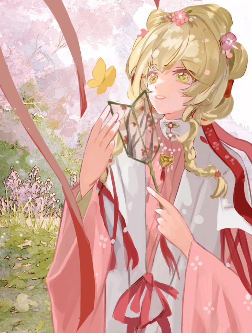 1girl bead_necklace beads berubetto blonde_hair bow-shaped_hair braid bug bush butterfly chinese_clothes chinese_commentary commentary_request cowboy_shot day floral_print flower grass green_eyes hair_beads hair_flower hair_ornament hand_fan hanfu happy highres holding holding_fan insect jewelry lips long_sleeves looking_ahead necklace official_alternate_costume open_mouth outdoors pink_flower pink_hanfu red_ribbon reverse:1999 ribbon short_hair_with_long_locks sky smile solo sotheby sotheby_(the_red_thread_of_fate) spring_(season) standing teeth tree tuanshan twin_braids updo waist_ribbon white_hanfu white_sky wide_sleeves yellow_butterfly