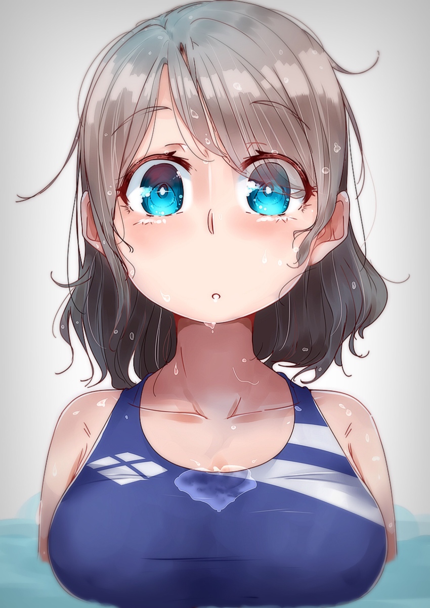 1girl absurdres blue_eyes breasts brown_hair competition_swimsuit highres large_breasts looking_at_viewer love_live! love_live!_sunshine!! one-piece_swimsuit pool short_hair solo swimsuit upper_body watanabe_you water wet