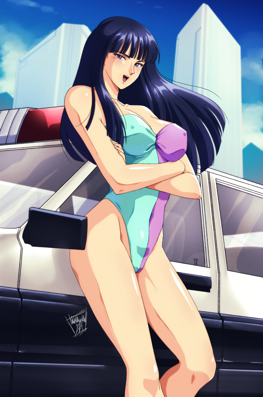 1girl bikini blue_eyes breasts building car cleavage collarbone commentary_request covered_erect_nipples crossed_arms danmakuman dated day highleg highleg_one-piece_swimsuit highres kanuka_clancy kidou_keisatsu_patlabor leaning_back medium_breasts motor_vehicle multicolored_bikini one-piece_swimsuit open_mouth police police_car signature sky skyscraper smile solo standing strapless strapless_one-piece_swimsuit swimsuit two-tone_one-piece_swimsuit