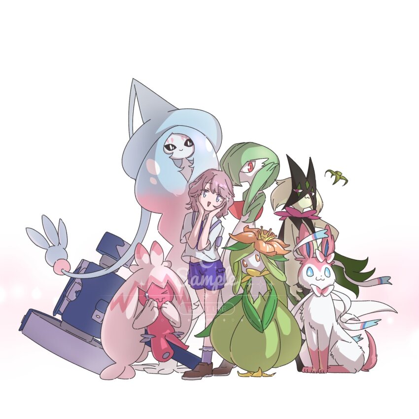&gt;_o 5girls :3 black_eyes black_fur blue_eyes blue_hair bow bright_pupils brown_shoes colored_skin commission crown fangs flower full_body gardevoir gen_3_pokemon gen_5_pokemon gen_6_pokemon gen_8_pokemon gen_9_pokemon green_fur green_hair green_skin hair_flower hair_ornament hammer hatterene highres lilligant long_hair looking_at_viewer meowscarada mini_crown monster_girl multicolored_skin multiple_girls necktie nintendo no_mouth one_eye_closed orange_eyes orange_flower pink_flower pink_fur pink_hair pink_skin plant_girl plant_hair pokemon pokemon_(creature) pokemon_sv purple_bag purple_eyes purple_necktie purple_shorts purple_socks red_eyes ribbon robinlovesop school_uniform shoes shorts simple_background skin_fangs smile socks standing sylveon tinkaton two-tone_skin uva_academy_school_uniform white_background white_fur white_pupils white_skin yellow_crown