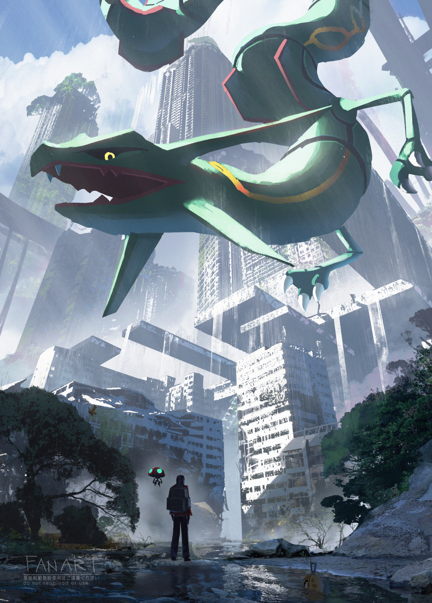 1boy absurdres asteroid_ill black_sclera claws cloud colored_sclera day dragon feebas flying gen_2_pokemon gen_3_pokemon gen_4_pokemon gen_8_pokemon giant giant_monster highres larvitar legendary_pokemon mothim nintendo orbeetle outdoors pokemon pokemon_(creature) rayquaza ruins scenery seedot sky tree water yellow_eyes