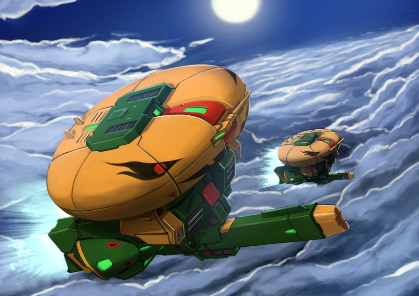 absurdres afterburner asshimar cloud energy_cannon fleet flying gundam gunpod halloween highres jack-o&#039;-lantern_print legend_of_heros machinery mecha mobile_suit moon night no_humans nose_art robot science_fiction thrusters titans_(gundam) zeta_gundam