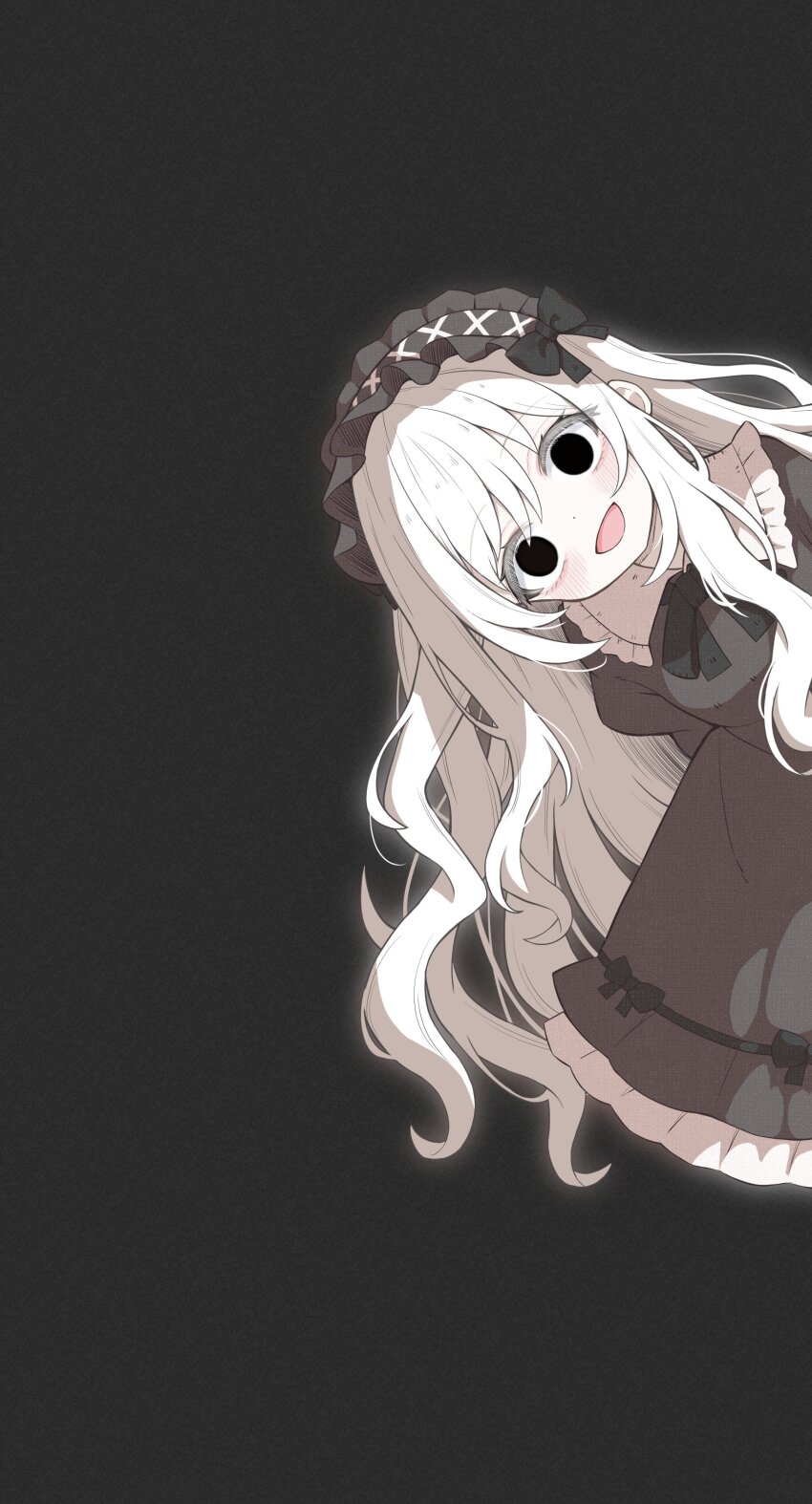 1girl :d absurdres black_background black_dress blush bow dress empty_eyes frilled_dress frills hair_between_eyes hairband highres long_hair long_sleeves looking_at_viewer mamiro monochrome open_mouth original smile solo very_long_hair