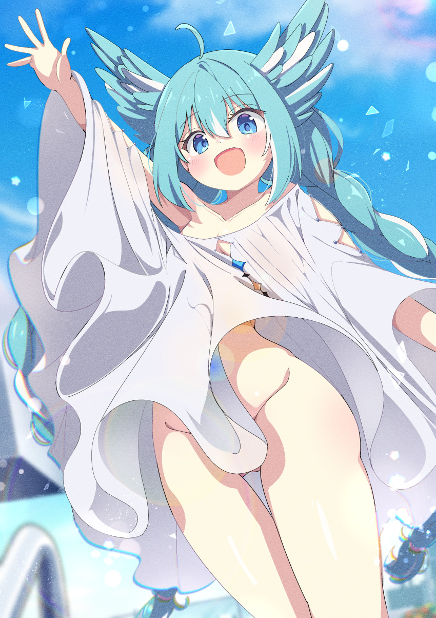 1girl :d absurdres ahoge aqua_hair barefoot blue_eyes blue_sky braid collarbone commentary_request commission convenient_censoring dress hair_between_eyes highres multicolored_hair no_bra no_panties open_mouth original outdoors shiro9jira sidelocks skeb_commission sky smile standing thighs twin_braids two-tone_hair waving white_dress white_hair wide_hips