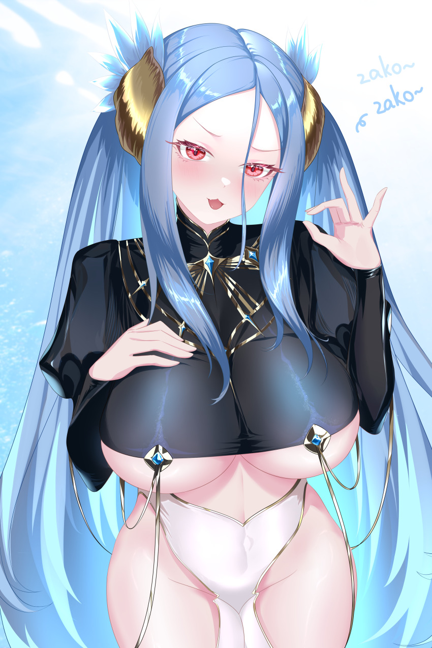 1girl :3 absurdres black_dress blue_eyes blush breasts brown_dust_(series) brown_dust_2 dress groin hair_between_eyes half-dress hand_on_own_chest highres large_breasts long_hair looking_at_viewer morpeah_(brown_dust) open_mouth pelvic_curtain red_eyes revealing_clothes shadow solo twintails very_long_hair wilhelmina_bd2 zako_(phrase)