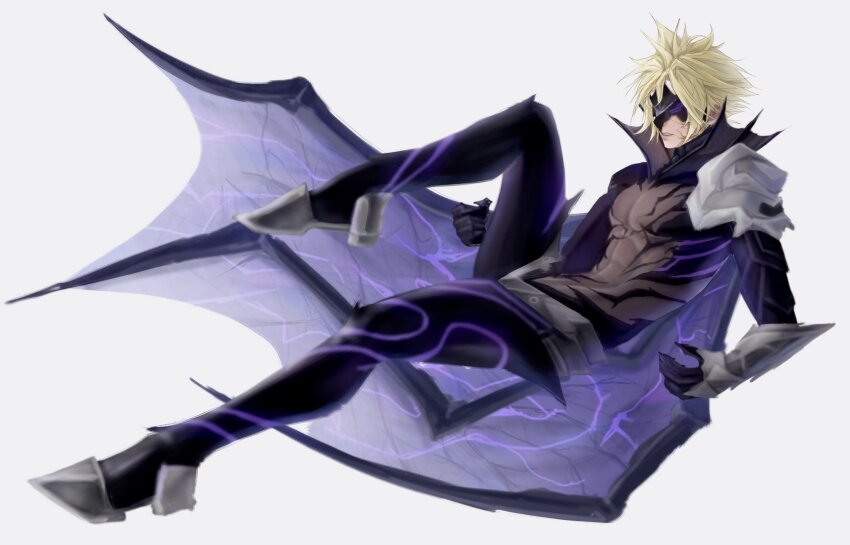 1boy abs absurdres armor blonde_hair clawed_gauntlets cloud_strife cloud_strife_(bahamut_garb) commentary_request eye_mask facial_mark final_fantasy final_fantasy_vii final_fantasy_vii_ever_crisis gloves highres male_focus messa_mo official_alternate_costume parted_lips short_hair shoulder_armor single_shoulder_pad single_wing spiked_hair toned toned_male wings