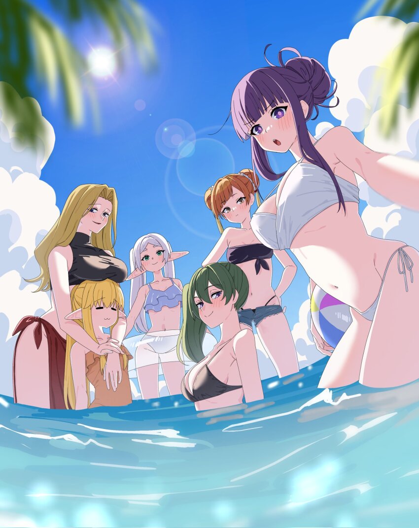 6+girls :3 =_= alternate_hairstyle bikini blonde_hair blue_sky blurry blurry_foreground brown_eyes brown_hair cloud commentary_request crop_top double_bun elf fern_(sousou_no_frieren) frieren green_eyes green_hair hair_bun highres hug hug_from_behind innertube kayuu_(hikentai0112) laufen_(sousou_no_frieren) lens_flare long_hair looking_at_viewer methode_(sousou_no_frieren) micro_shorts multiple_girls ocean one-piece_swimsuit orange_one-piece_swimsuit outdoors palm_tree pointy_ears purple_eyes purple_hair red_sarong sarong serie_(sousou_no_frieren) shorts side-tie_bikini_bottom side_ponytail sky sleeveless sleeveless_turtleneck smile sousou_no_frieren sun swim_ring swimsuit tree turtleneck twintails ubel_(sousou_no_frieren) wading water white_bikini