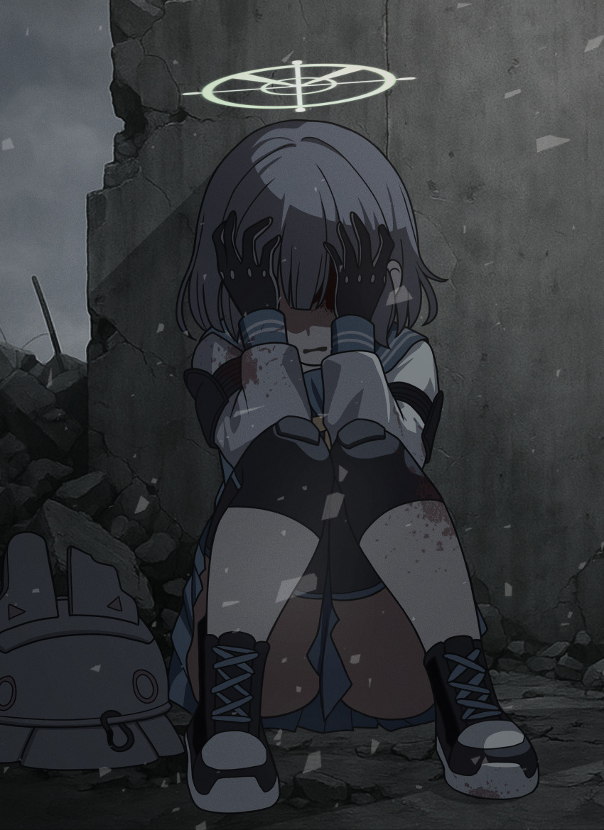 1girl absurdres black_gloves black_shoes blood blood_on_clothes blood_on_face blue_archive blue_sailor_collar blue_skirt combat_helmet gloves hands_on_own_face helmet highres knee_pads knees_together_feet_apart no_eyes open_mouth purple_hair ribbon sailor_collar saki_(blue_archive) shaded_face shirt shoes sitting skirt solo vector_(dmlddmld00) white_shirt yellow_ribbon