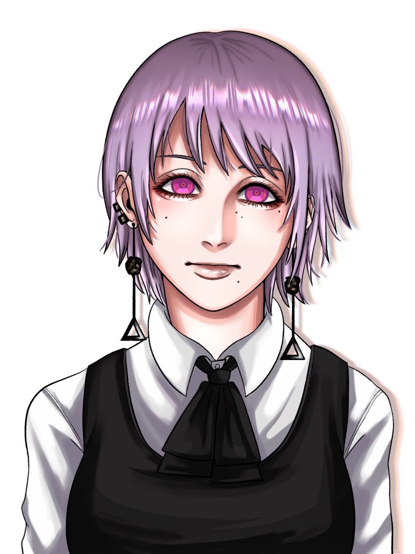 1girl black_skirt chainsaw_man commentary earrings expressionless fami_(chainsaw_man) fourth_east_high_school_uniform highres jewelry lips mole mole_under_eye mole_under_mouth multiple_moles pink_eyes portrait purple_hair school_uniform shirt short_hair skirt solo white_shirt wischkaa