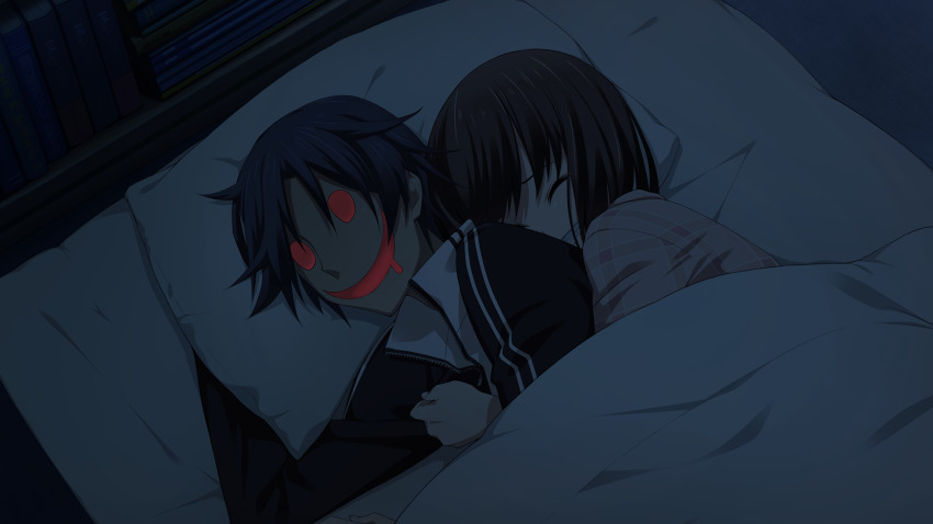 &gt;_&lt; 1boy 1girl black_jacket blanket blue_hair book chaos;child chaos;child_love_chu_chu!! clenched_teeth closed_eyes drooling fingernails game_cg glowing glowing_eyes glowing_mouth head_on_pillow highres hollow_eyes hug hug_from_behind jacket library lying messy_hair miyashiro_takuru non-web_source official_art on_bed pajamas pillow pink_pajamas sasaki_mutsumi scared shared_bed shiny_skin short_hair sleeping_together swept_bangs tachibana_yui teeth track_jacket under_covers