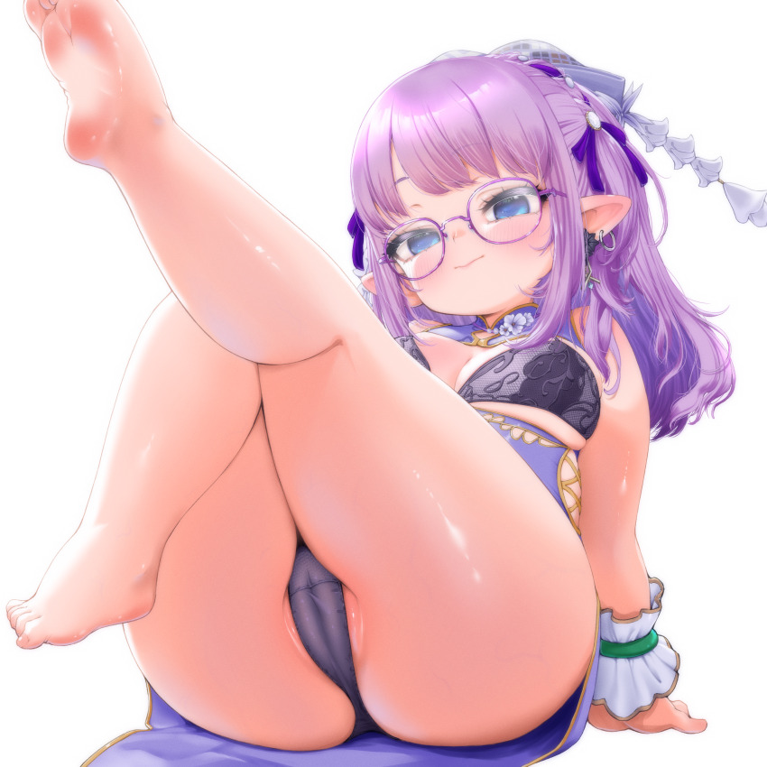 1girl a-maki_tasuke absurdres bare_arms bare_legs bare_shoulders barefoot black_bra black_panties blue_eyes blush bra breasts cameltoe commission curvy dress earrings final_fantasy final_fantasy_xiv floral_print glasses hair_ribbon hands_on_ground highres hoop_earrings jewelry lalafell large_breasts legs_up long_hair looking_at_viewer panties partially_visible_vulva pointy_ears purple-framed_eyewear purple_dress purple_hair purple_ribbon ribbon simple_background sitting skeb_commission soles straight_hair thick_thighs thighs underwear upskirt warrior_of_light_(ff14) white_background white_wrist_cuffs wrist_cuffs