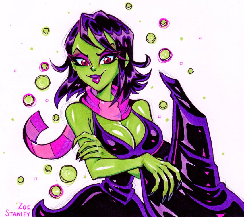 1girl absurdres banjo-kazooie black_hair black_nails bleedingpervert breasts cleavage colored_skin crossed_arms eyeshadow game_over green_skin gruntilda_winkybunion hat highres large_breasts lipstick makeup marker_(medium) nail_polish purple_lips red_eyes scarf short_hair smile solo traditional_media unworn_hat unworn_headwear upper_body witch_hat